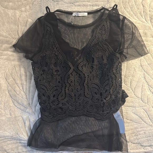 Zara Tops - Zara Black Sheer Lace Blouse